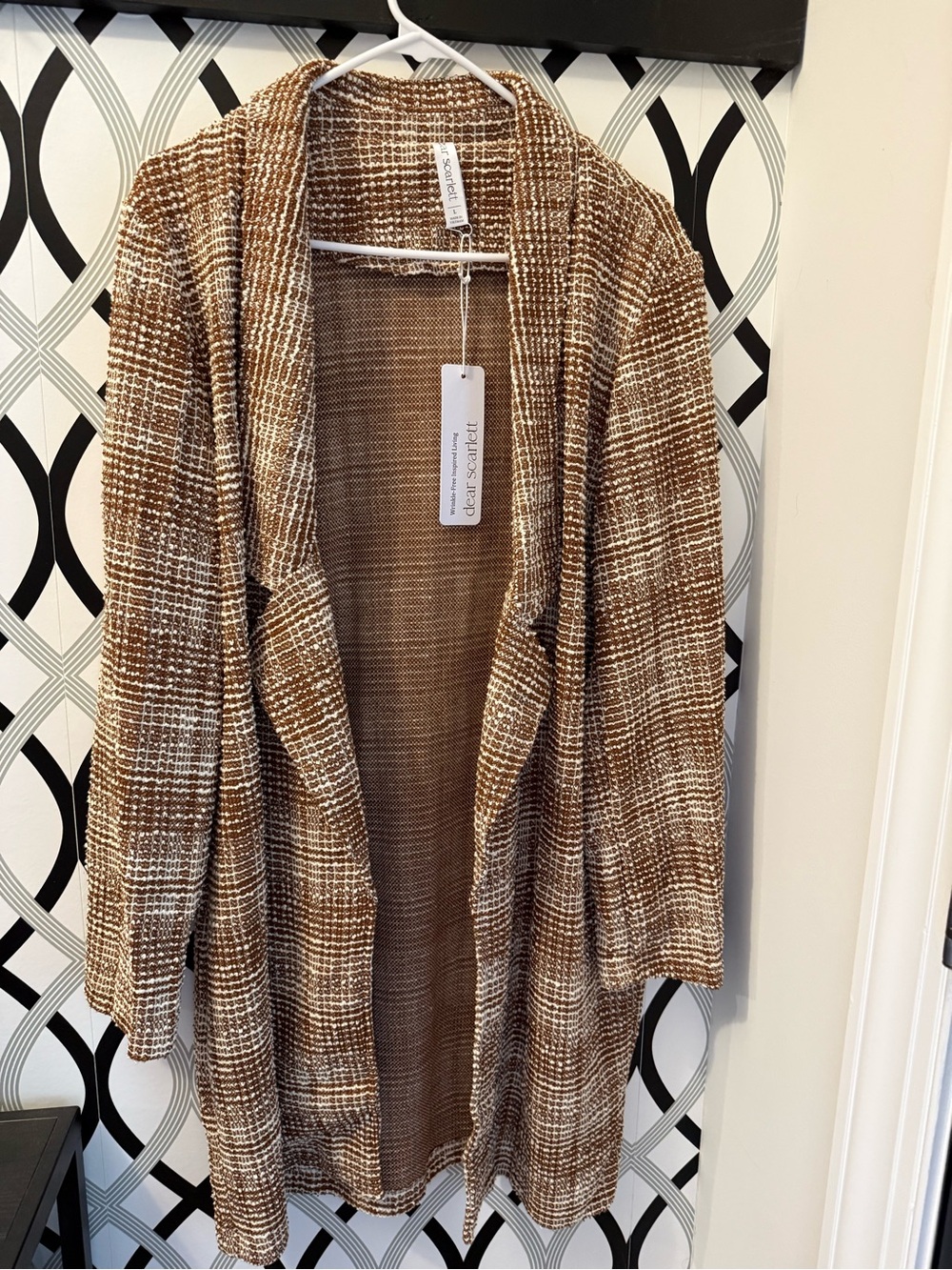 Open-Front Brown Plaid Knit Cardigan Jacket - Picture 2 of 3